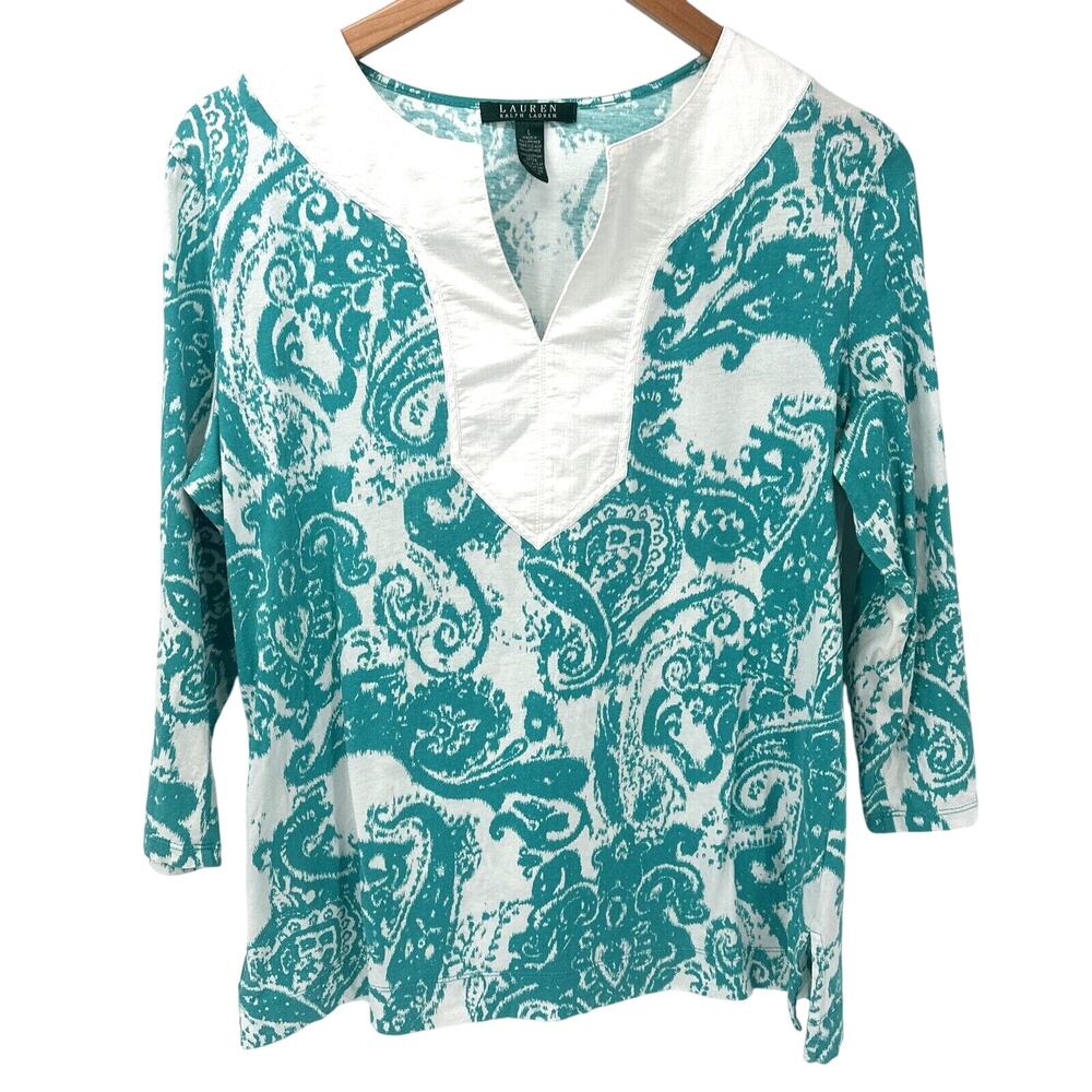Lauren Ralph Lauren Shirt Womens Large Boho Teal White Paisley V-Neck